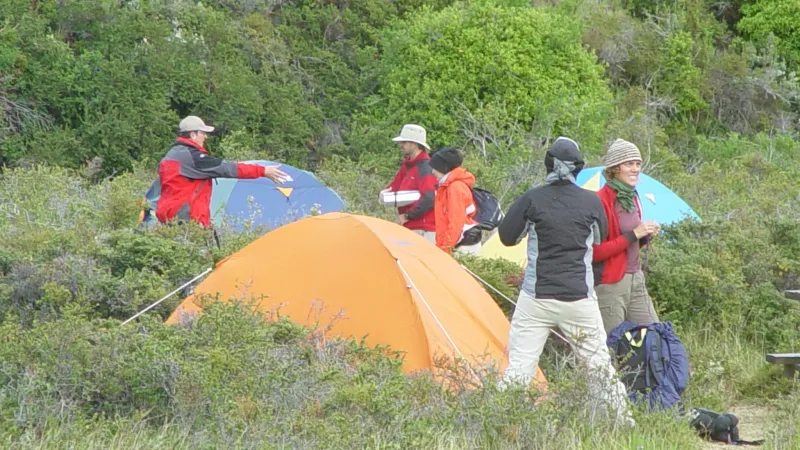 Instalaciones modernas y filas de tiendas de campaña en el animado camping de Paine Grande, cerca del lago Pehoé.