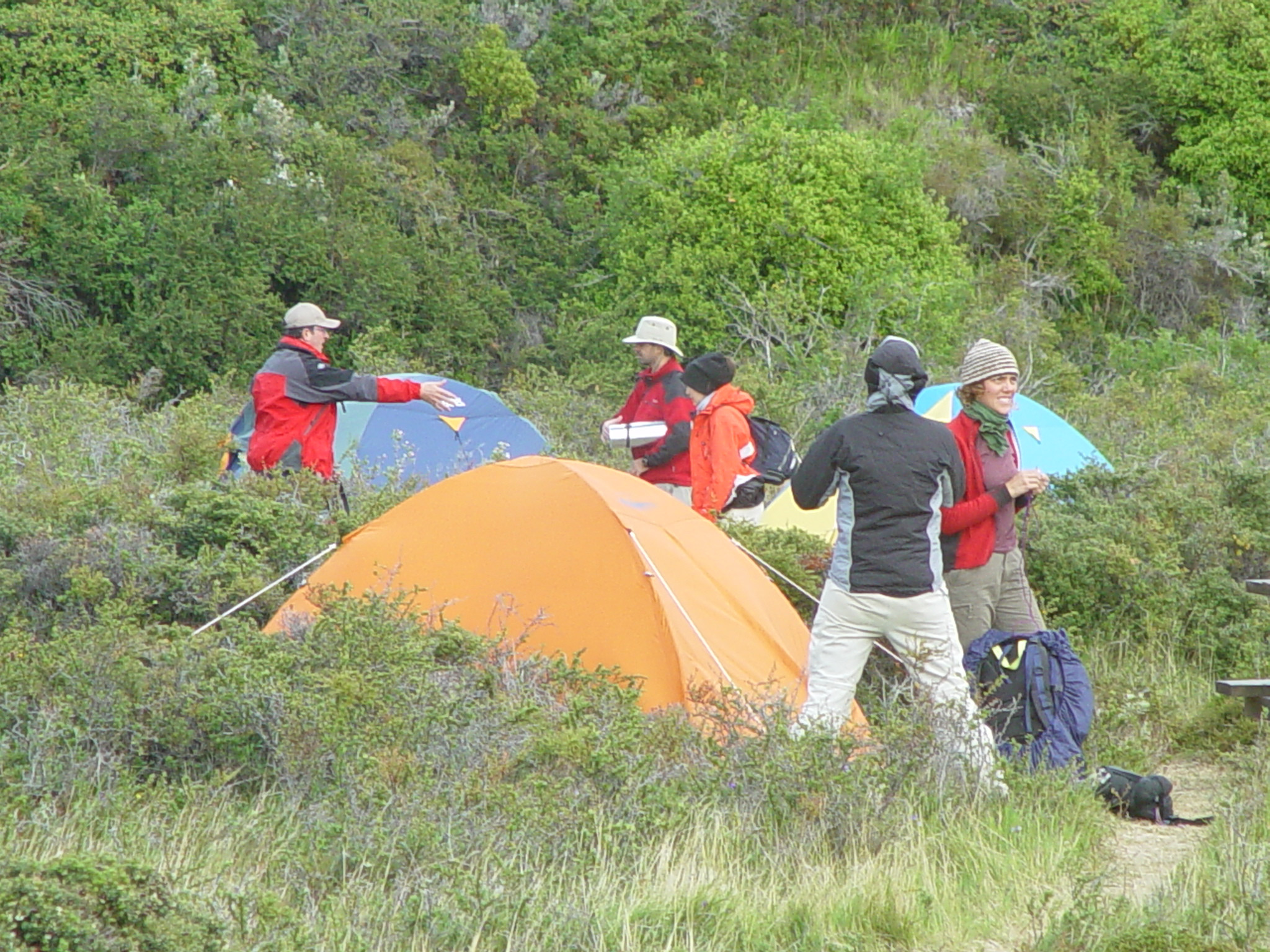 Instalaciones modernas y filas de tiendas de campaña en el animado camping de Paine Grande, cerca del lago Pehoé.