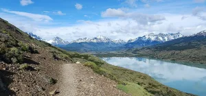 Un estrecho sendero que serpentea a través de la pampa amarilla hacia el valle de Dickson.