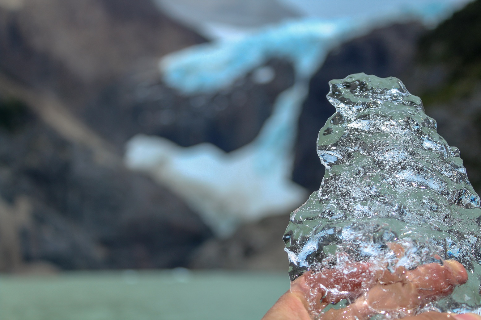 Jagged ice cliffs of Glaciar los Perros calving into a silt-laden glacial lake.