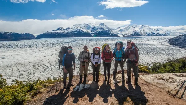 The vast expanse of the Grey Glacier stretching out beneath the snowy pass at Mirador Paso Gardner.