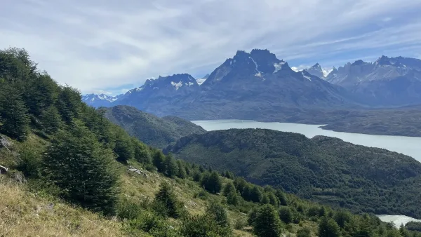 A stunning aerial perspective of the winding rivers and turquoise lakes from the high vantage point of Mirador Ferrier.