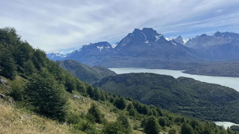 A stunning aerial perspective of the winding rivers and turquoise lakes from the high vantage point of Mirador Ferrier.