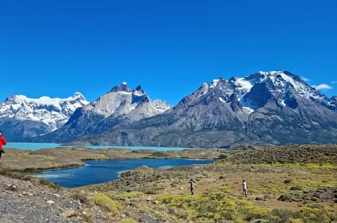 Una vista panorámica de las orillas azotadas por el viento del lago Nordenskjöld, con los emblemáticos Cuernos del Paine al fondo.