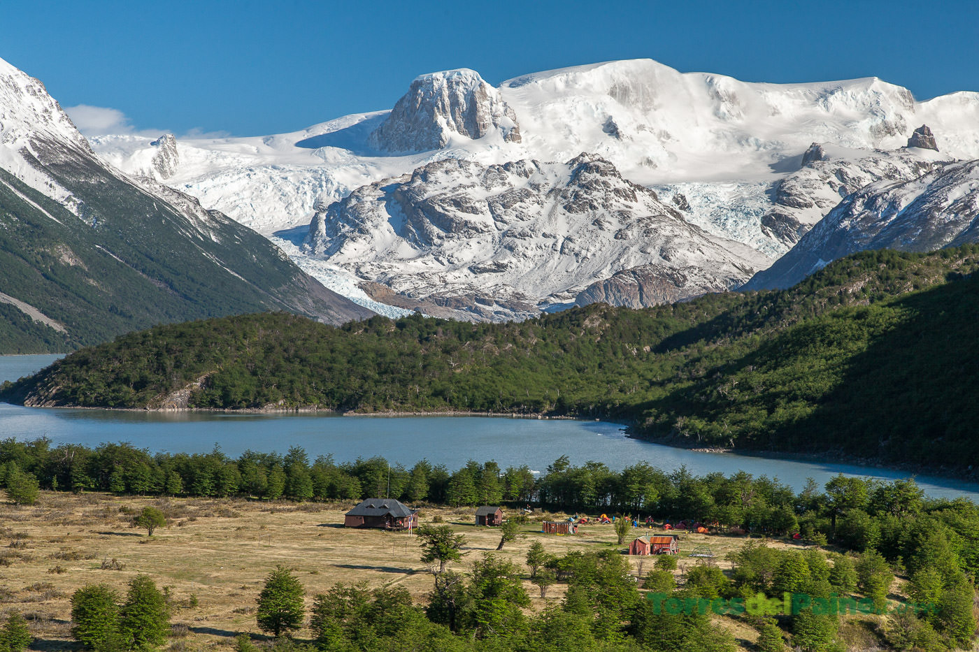Refugio Dickson's exterior showing the characteristic Patagonian architecture and metal roofing.