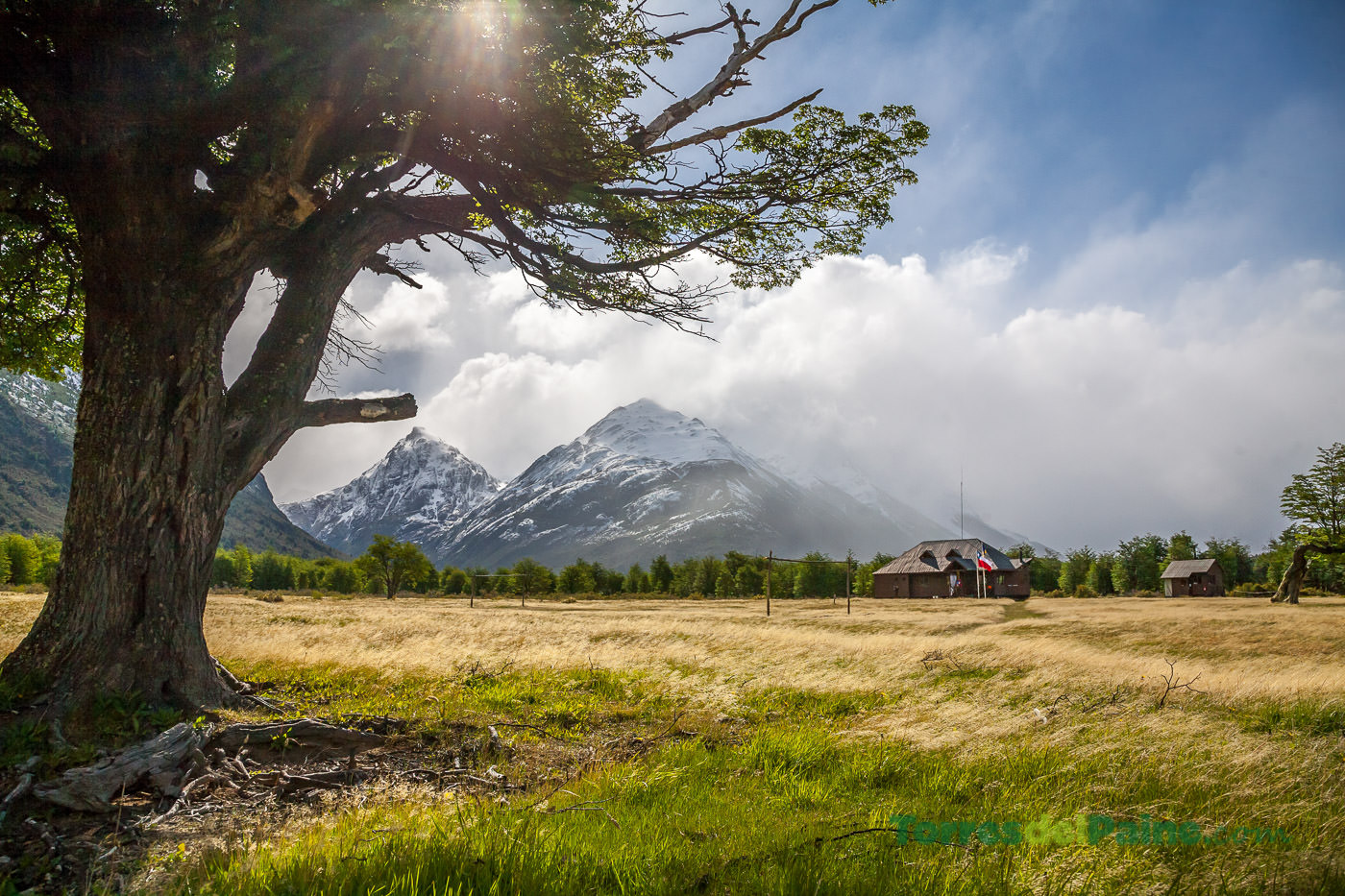 A serene landscape of the lake and mountains as seen from the shore near Camping Dickson.