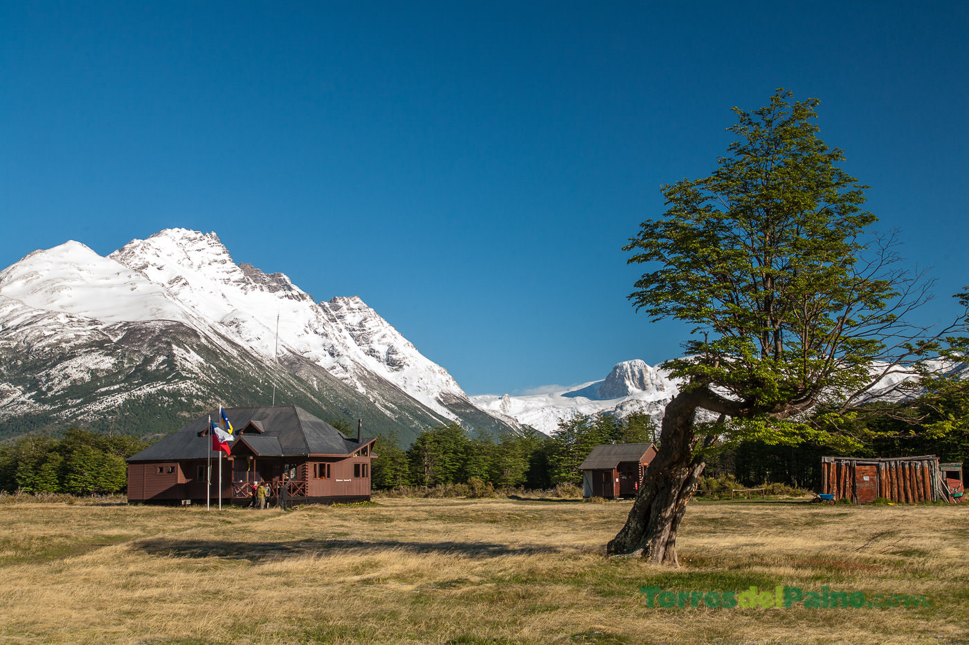 Group of trekkers preparing their gear at the rustic wooden benches outside Refugio Dickson.