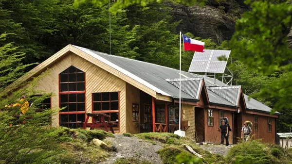 The main entrance and porch of Refugio El Chileno, a popular resting spot for W-trek hikers.