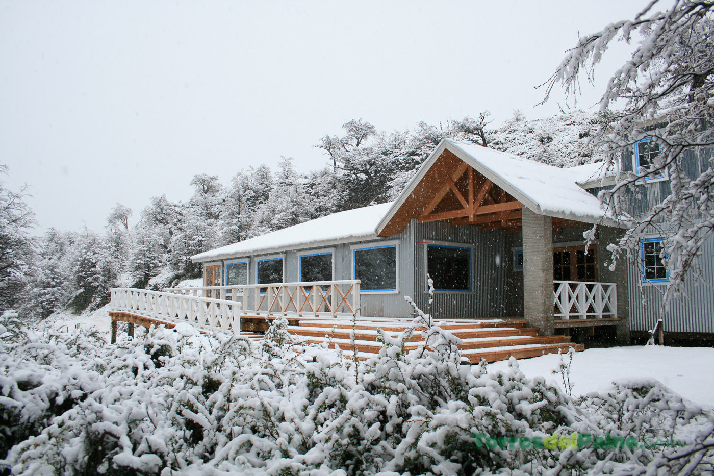 Exterior do chalé Grey Mountain Lodge, mostrando o design sustentável utilizado nas áreas remotas do parque.