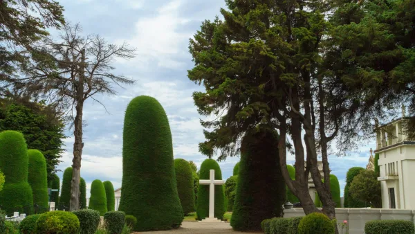 Ciprestes icônicos, meticulosamente esculpidos, e grandiosos monumentos de pedra no Cemitério Sara Braun, em Punta Arenas.