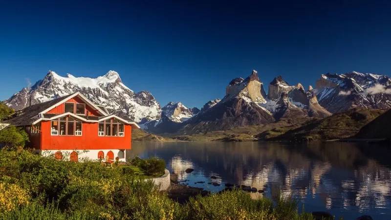 Un rincón tranquilo del jardín del hotel, con arbustos autóctonos y vistas al lago.