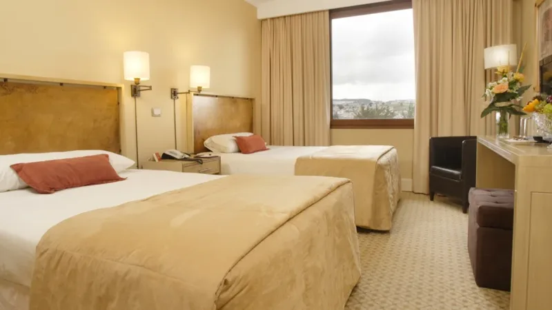 Sala de estar aconchegante e refinada no Hotel Cabo de Hornos, com mobiliário clássico e iluminação acolhedora.