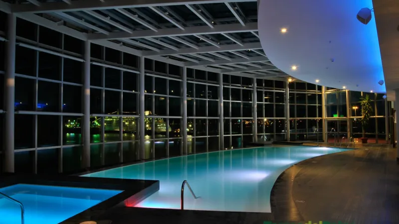 The sky bar at Hotel Dreams del Estrecho offering views of the city and the Strait of Magellan.