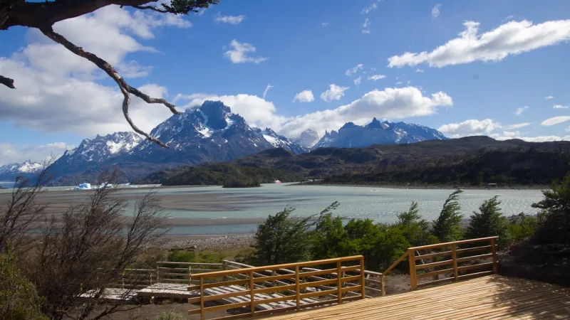 Una habitación doble estándar en el Hotel Lago Grey, con cálidos acabados en madera y decoración patagónica.