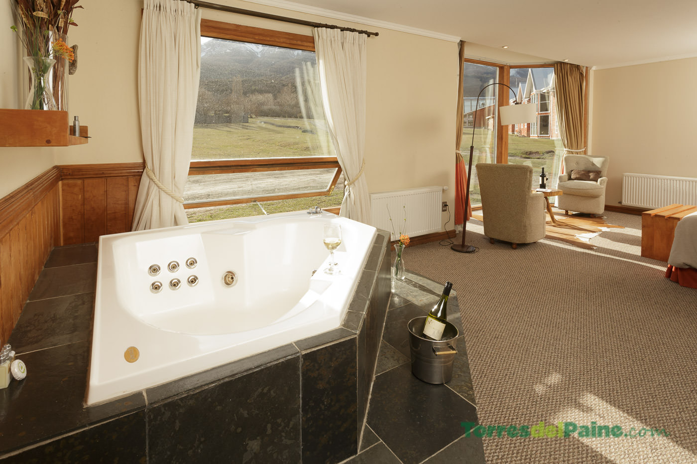 Exterior of the stables where the hotel's horses are kept and trained.