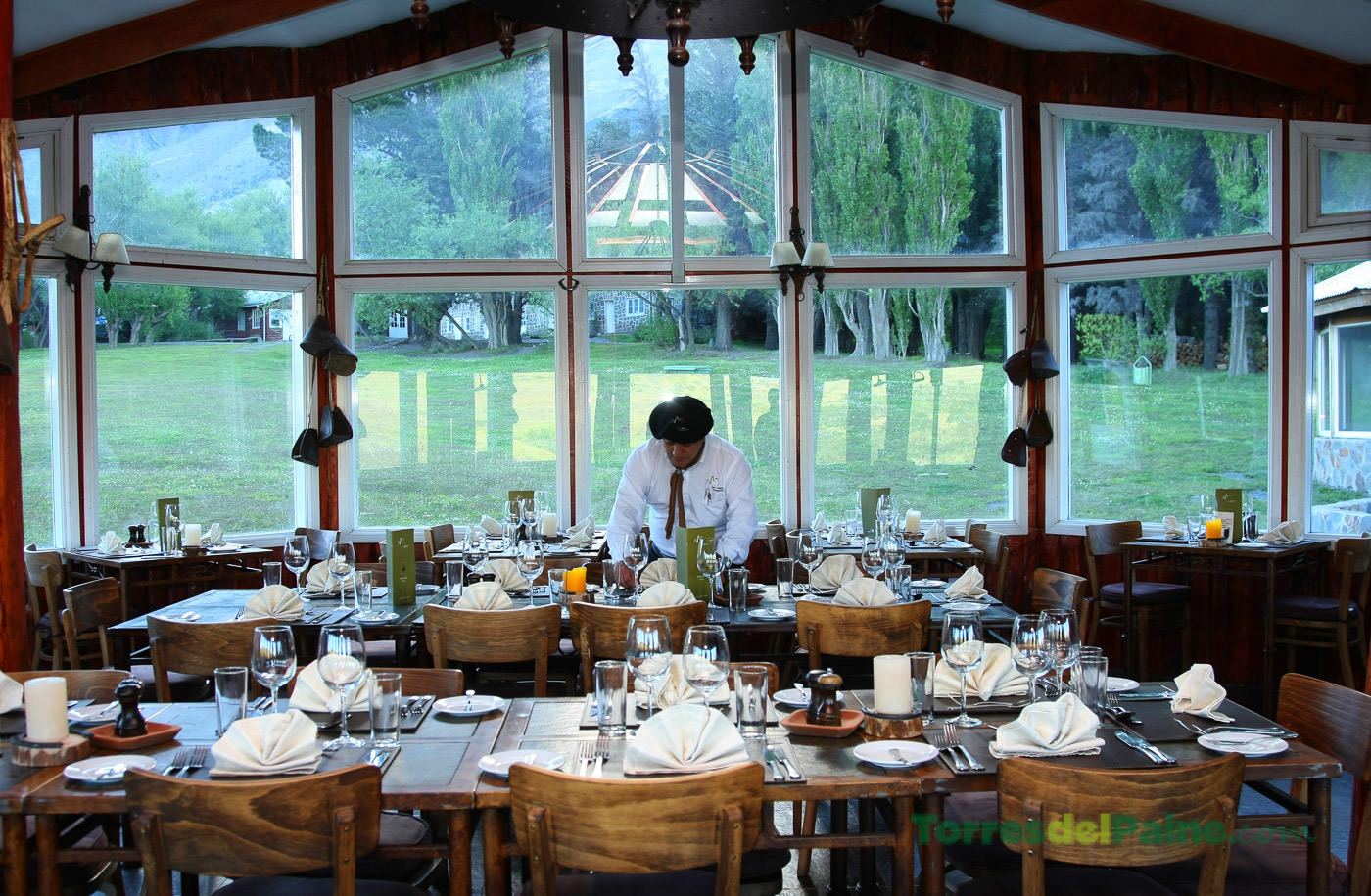 Exterior terrace of Hotel Las Torres with views of the Patagonian peaks.