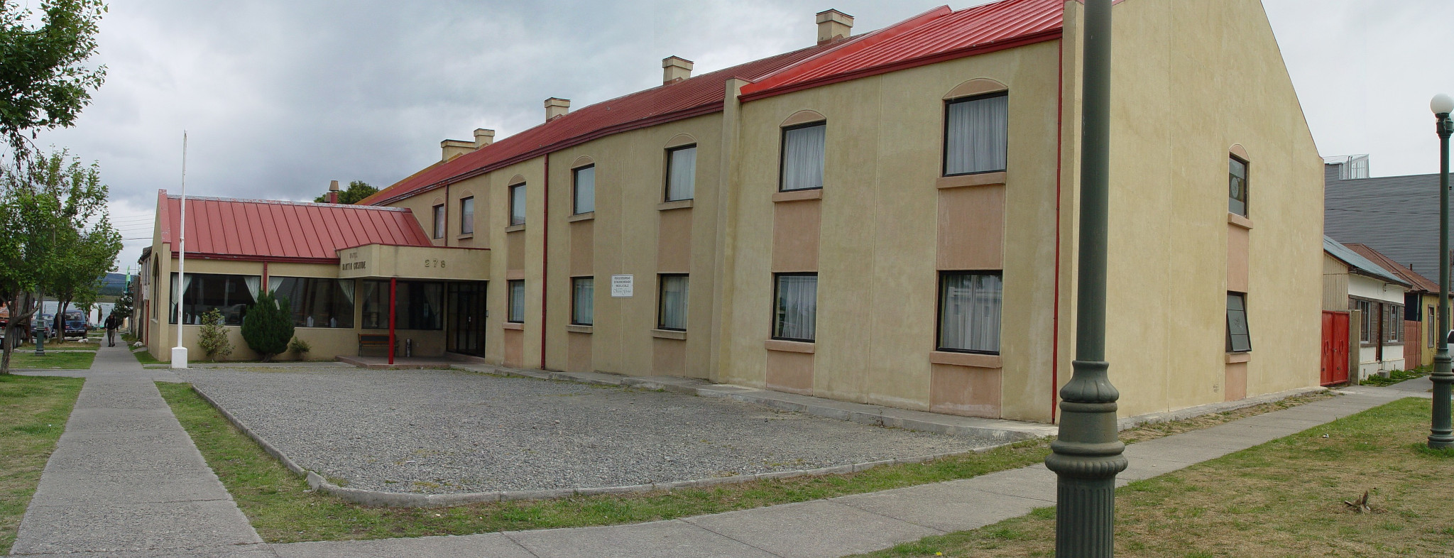Close-up of the woodwork and traditional craftsmanship inside Hotel Martin Gusinde.