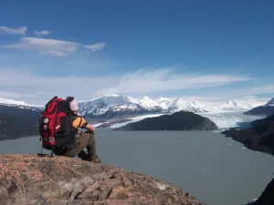 A breathtaking view of the Grey Glacier flowing into the lake from the Grey viewpoint.