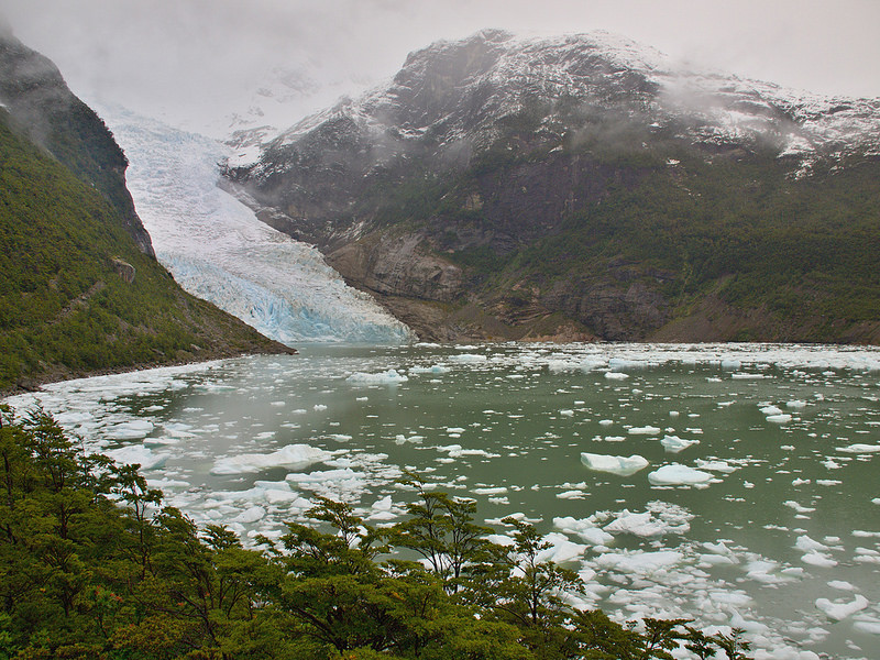Una toma panorámica del glaciar Serrano desprendiéndose y cayendo al agua al final del fiordo.
