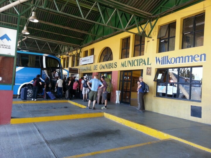 Buses parked at the bays of the El Calafate terminal ready for departures to Chile.