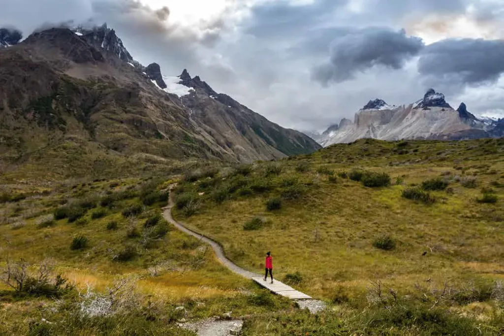 El sendero panorámico que conecta el refugio Paine Grande con el camping Italiano atraviesa llanuras abiertas y bosques.