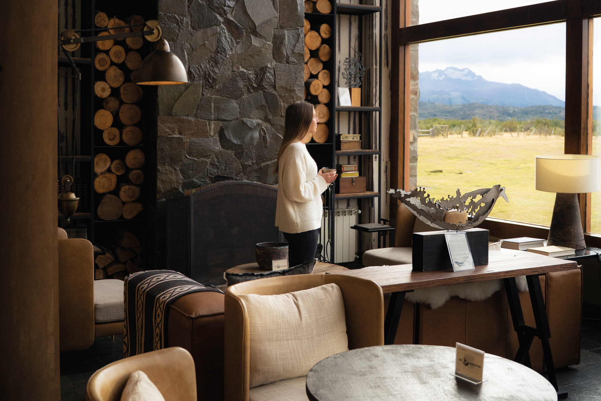 The expansive view of the Torres del Paine mountains from the hotel's main balcony.