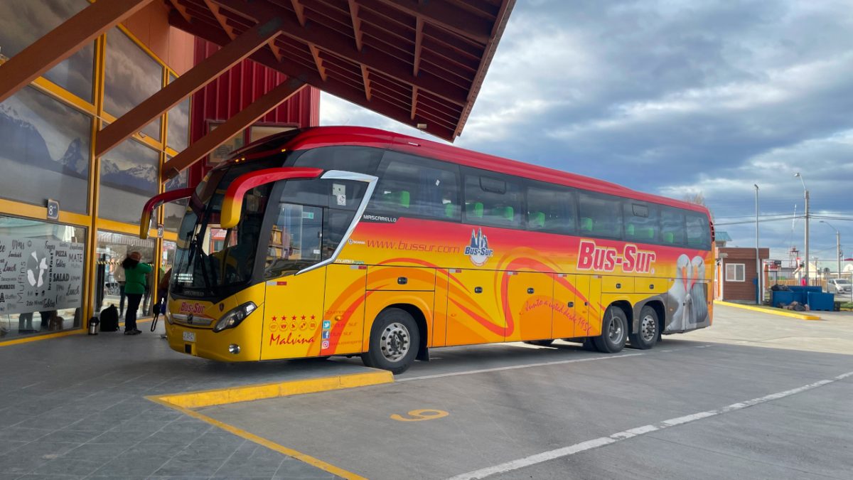 A Bus Sur coach arriving at the Puerto Natales bus terminal from Punta Arenas.