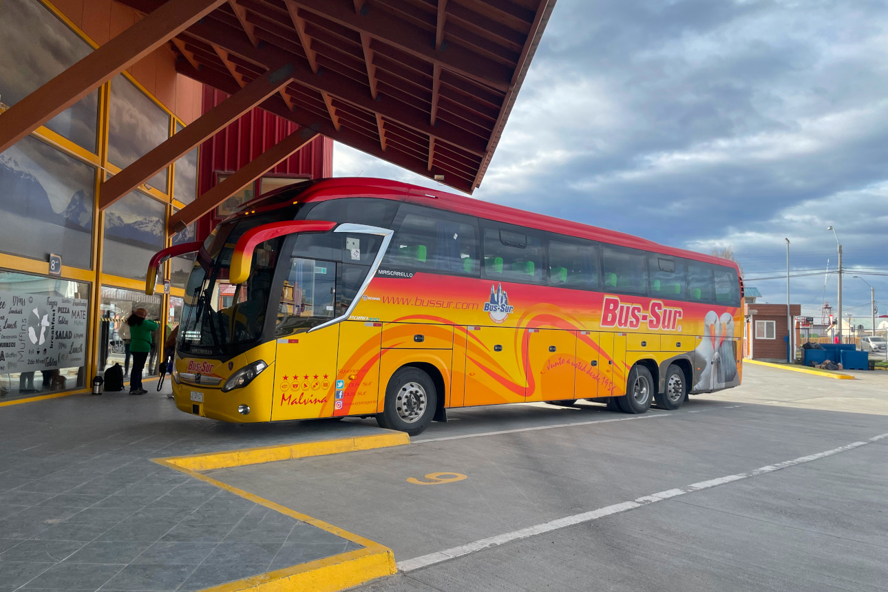 A Bus Sur coach arriving at the Puerto Natales bus terminal from Punta Arenas.