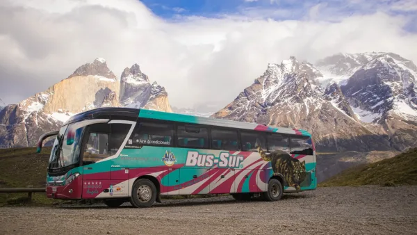 A Bus Sur shuttle arriving at the Laguna Amarga entrance of Torres del Paine.