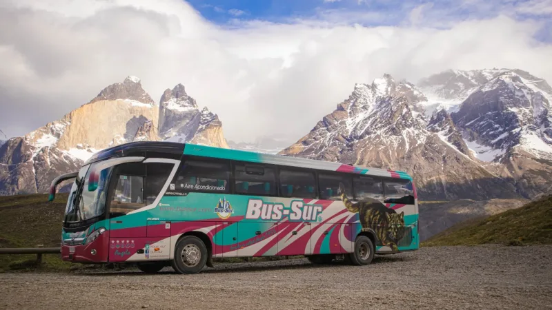 A Bus Sur shuttle arriving at the Laguna Amarga entrance of Torres del Paine.