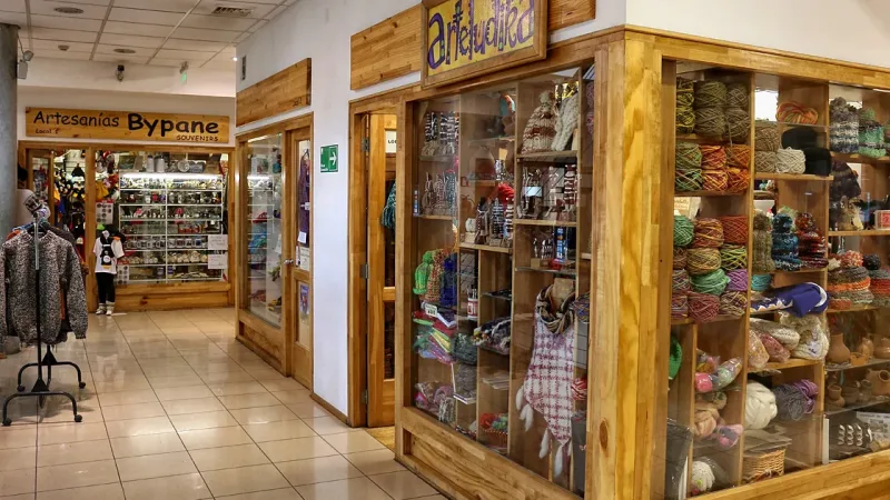 El animado interior del mercado de Punta Arenas, con puestos que venden mariscos y artesanías locales.
